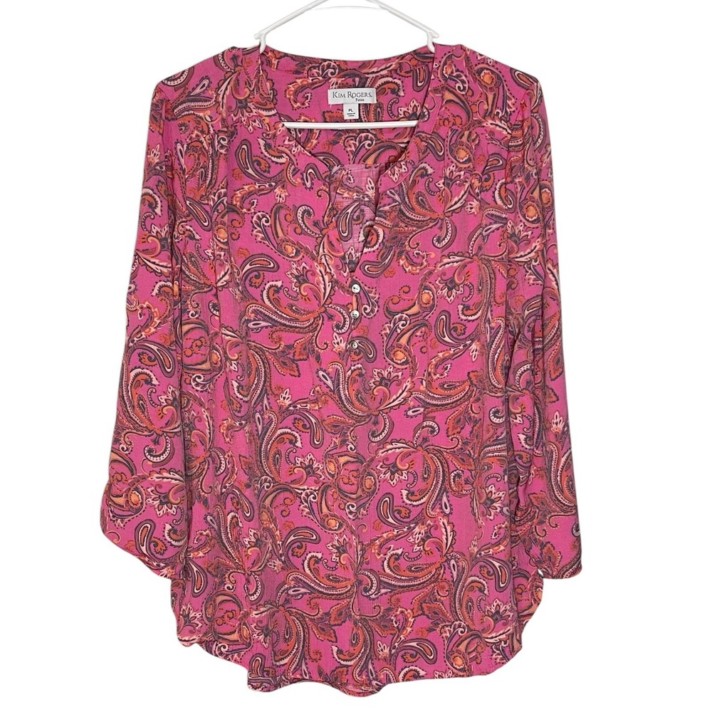 Kim Rogers PL Pink Paisley Tunic Blouse Roll Tab Sleeve Boho Career Aesthetic